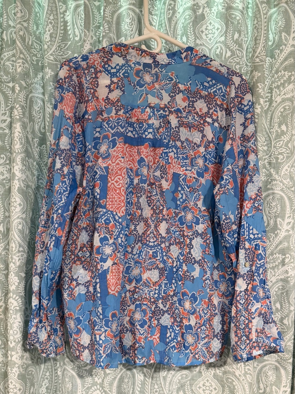 Ruby Rd. Blue and Coral Floral Patchwork V-Neck Blouse - Picture 4 of 4